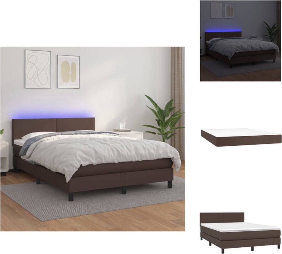 VidaXL Boxspring Bed Bruin Kunstleren Bedframe Pocketvering Matras Huidvriendelijk Topmatras + LED Bed