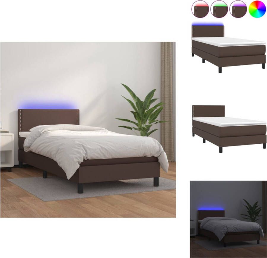VidaXL Boxspring Bed Bruin Matras met LED Kunstleer Verstelbaar hoofdbord Pocketvering Huidvriendelijk 203 x 100 x 78 88 cm Bed