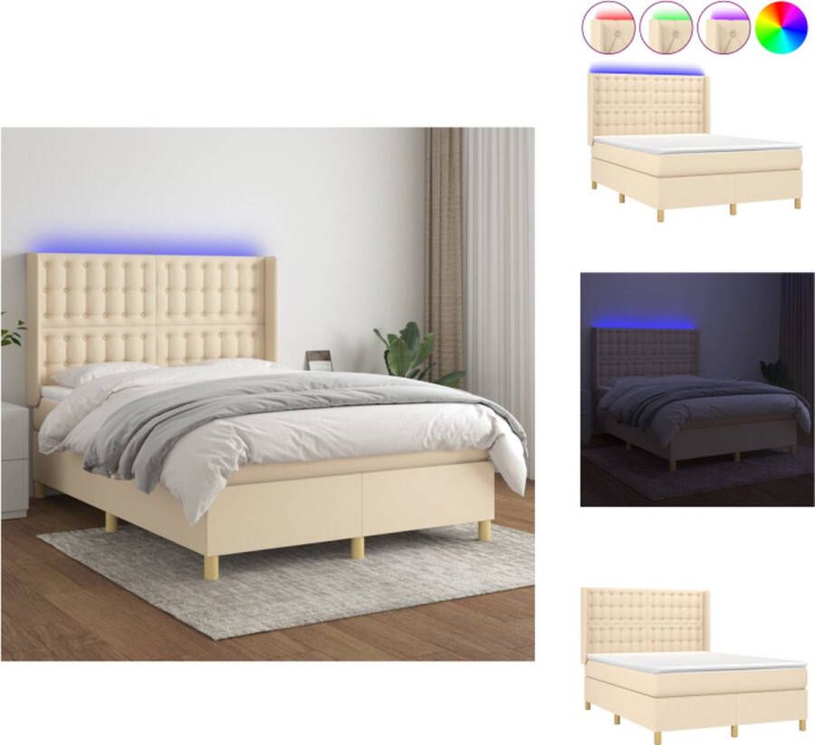 VidaXL Boxspring Bed Crème 193 x 147 x 118 128 cm Verstelbaar hoofdbord LED-verlichting Pocketvering matras Huidvriendelijk topmatras Bed - Foto 2