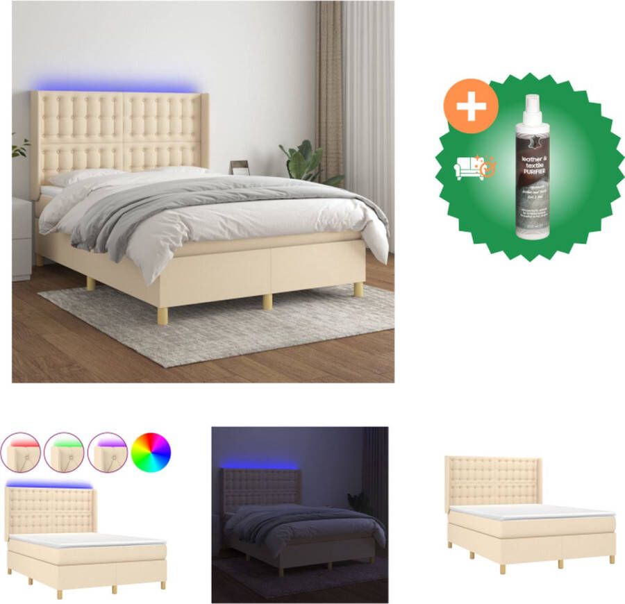 VidaXL Boxspring Bed Crème 193 x 144 x 78 88 cm Verstelbaar hoofdbord Kleurrijke LED-verlichting Pocketvering matras Huidvriendelijk topmatras Inclusief montagehandleiding en 2 LED-strips Bed Inclusief Reiniger