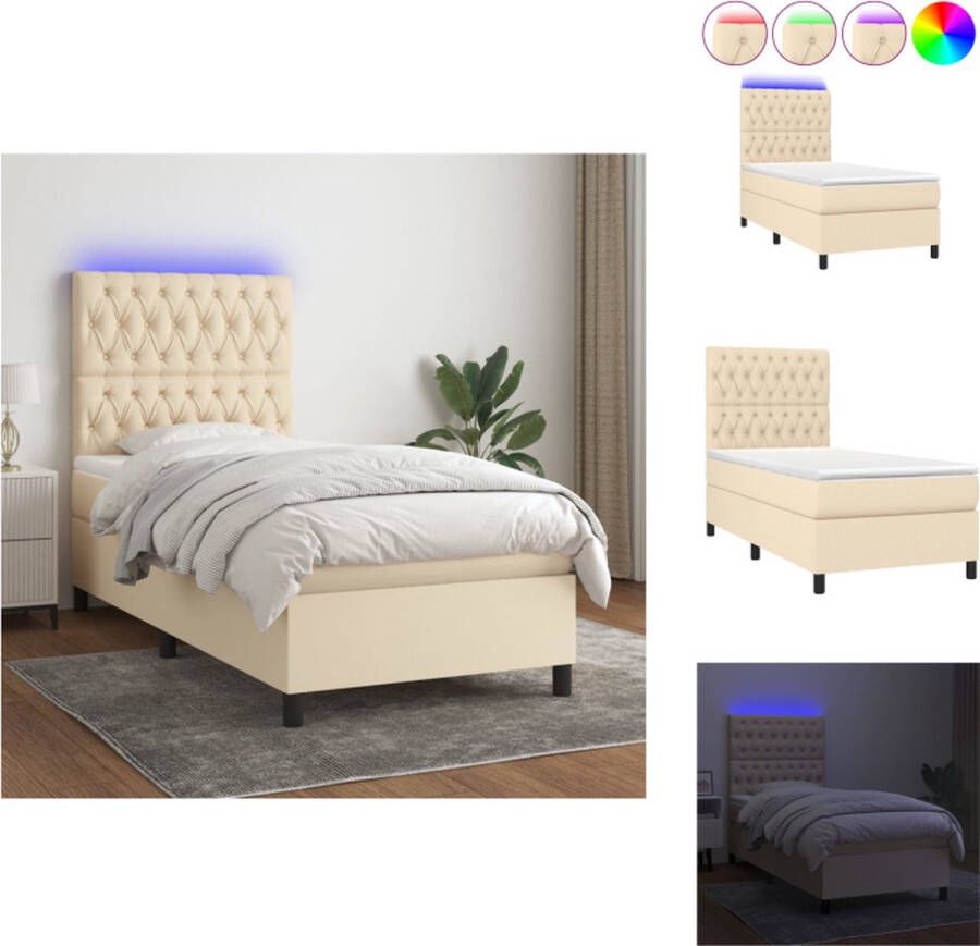 VidaXL Boxspring Bed Crème 203 x 100 x 118 128 cm Verstelbaar hoofdbord Kleurrijke LED-verlichting Pocketvering matras Huidvriendelijk topmatras Met montagehandleiding Met USB-aansluiting Bed