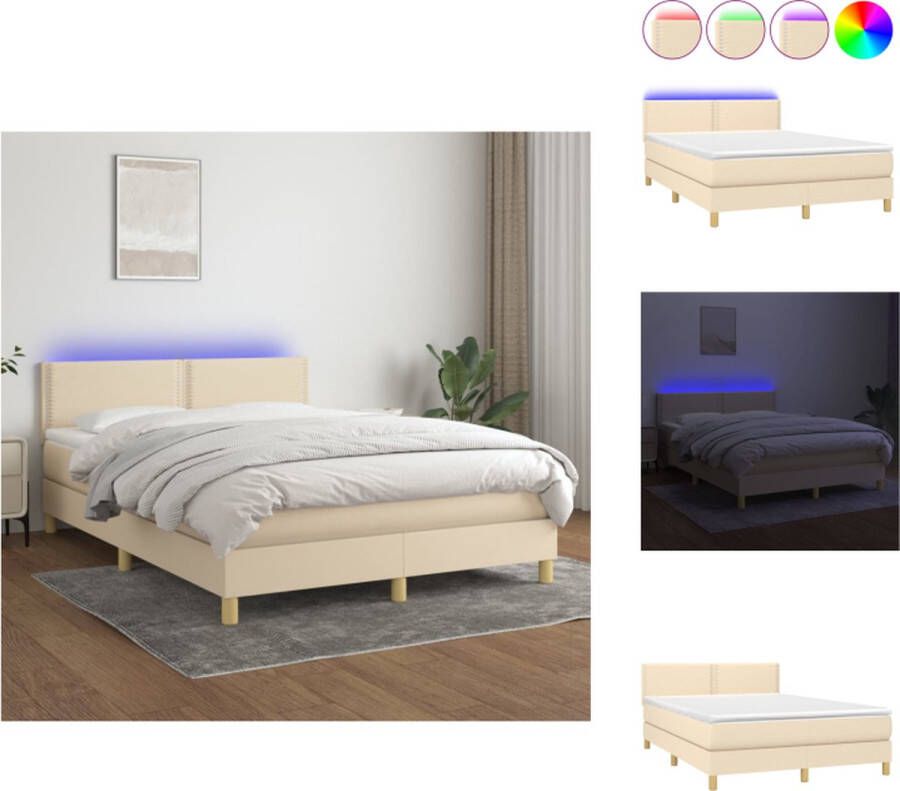 VidaXL Boxspring Bed Crème 203 x 144 x 78 88 cm Verstelbaar hoofdbord LED verlichting Pocketvering matras Huidvriendelijk topmatras Incl montagehandleiding Bed