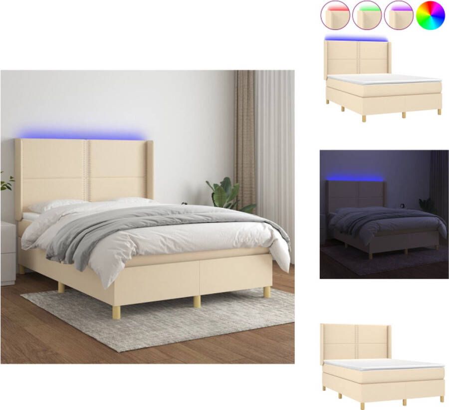 VidaXL Boxspring Bed Crème 203 x 147 x 118 128 cm Verstelbaar hoofdbord Kleurrijke LED-verlichting Pocketvering matras Huidvriendelijk topmatras Inclusief montagehandleiding USB-aansluiting 5V USB-adapter niet inbegrepen Bed - Foto 1