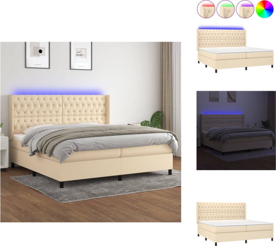 VidaXL Boxspring Bed Crème 203x203x118 128 cm Verstelbaar hoofdbord Kleurrijke LED-verlichting Pocketvering matras Huidvriendelijk topmatras Inclusief 2 matrassen en 2 LED-strips Bed