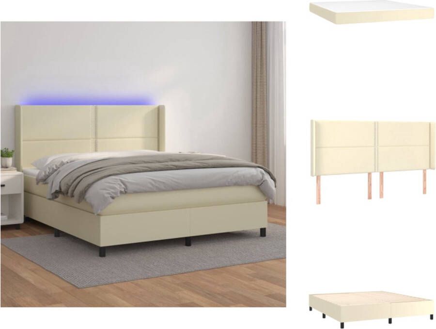 VidaXL Boxspring Bed Crème Kunstleer 203 x 163 x 118 128 cm LED Verlichting Pocketvering Matras Huidvriendelijk Topmatras Bed