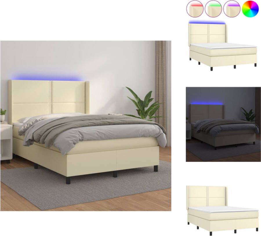 VidaXL Boxspring Bed Crème Kunstleer Pocketvering Matras Verstelbaar Hoofdbord LED Strip Bed