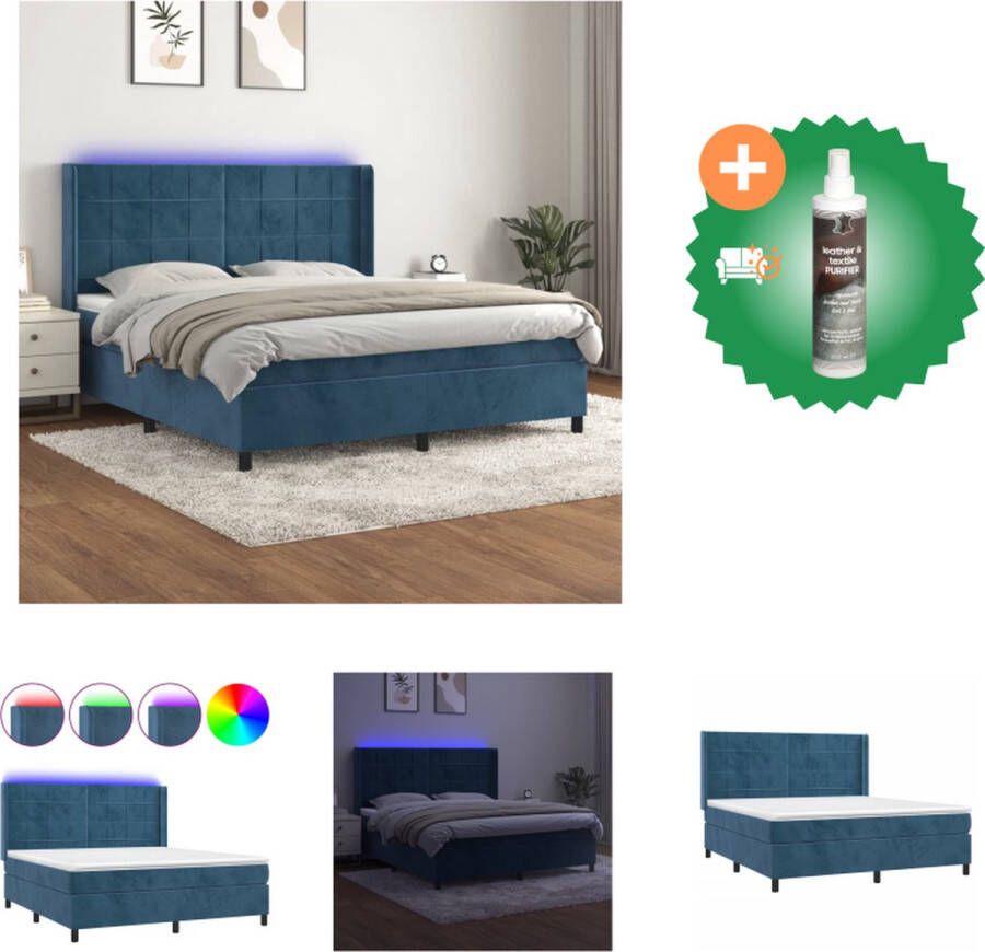 VidaXL Boxspring Bed Donkerblauw Fluweel 180x200 cm Incl LED Pocketvering Matras en Topmatras Bed Inclusief Reiniger