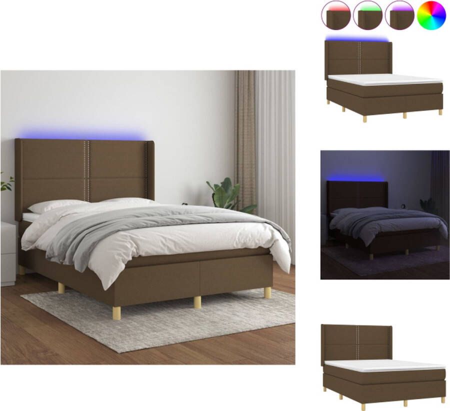 VidaXL Boxspring Bed Donkerbruin 203x147x118 128cm LED en Pocketvering Matras Huidvriendelijk Topmatras Bed - Foto 1