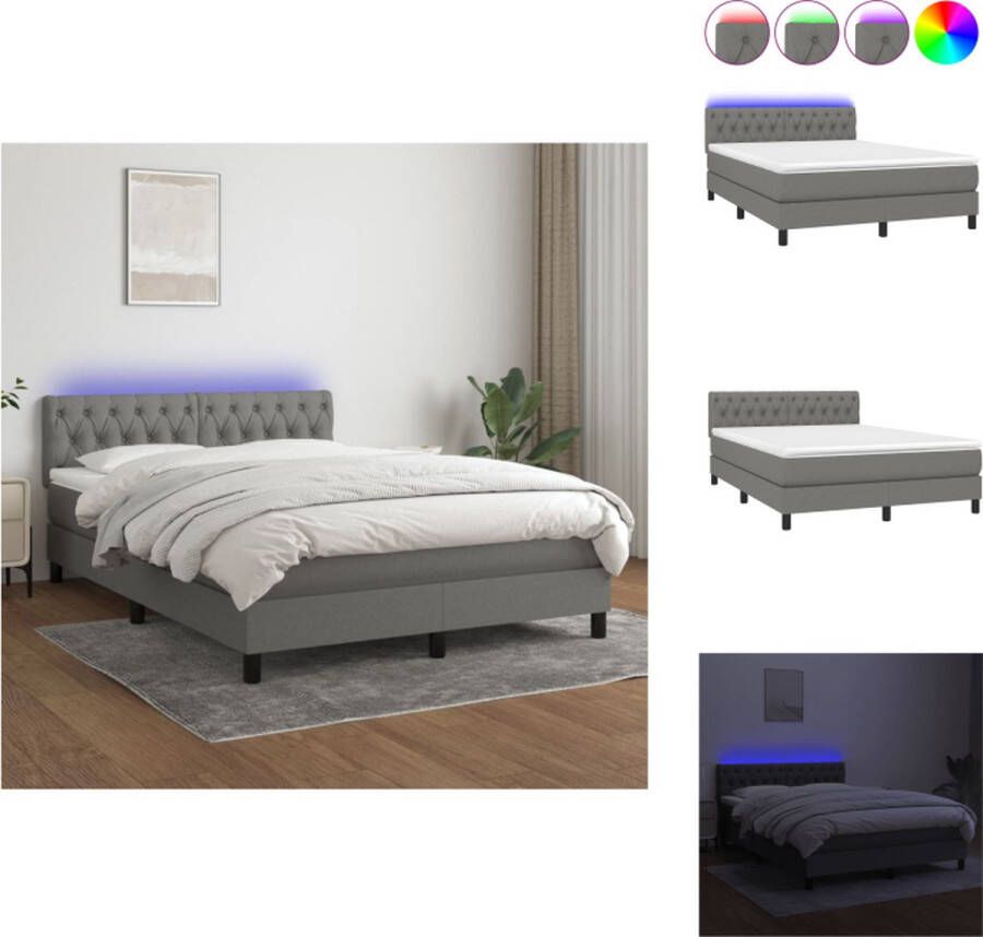 VidaXL Boxspring Bed donkergrijs 140 x 200 cm met LED en pocketvering matras Bed - Foto 1