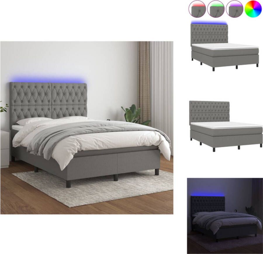 VidaXL Boxspring Bed donkergrijs 140 x 200 cm met verstelbaar hoofdbord en LED Bed