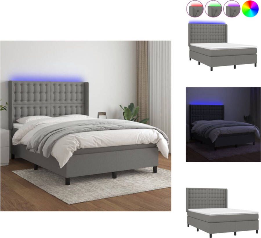 VidaXL Boxspring Bed Donkergrijs 193 x 147 x 118 128 cm Met LED en pocketvering matras Bed