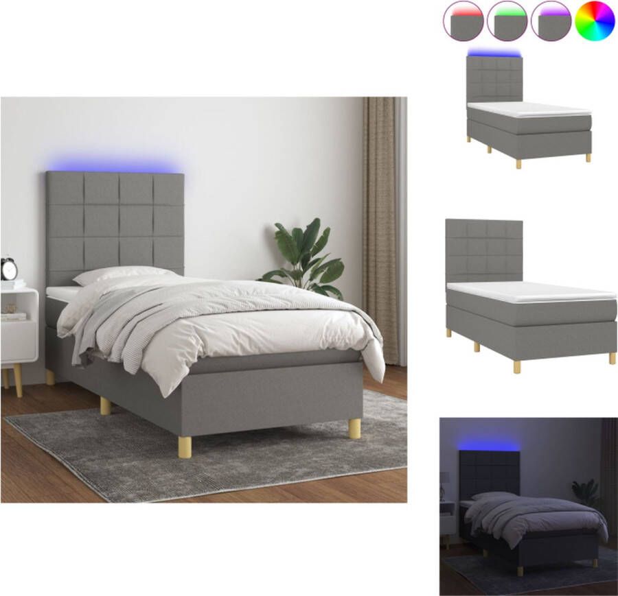 VidaXL Boxspring Bed Donkergrijs 193 x 90 x 118 128 cm Inclusief Matras en LED Bed