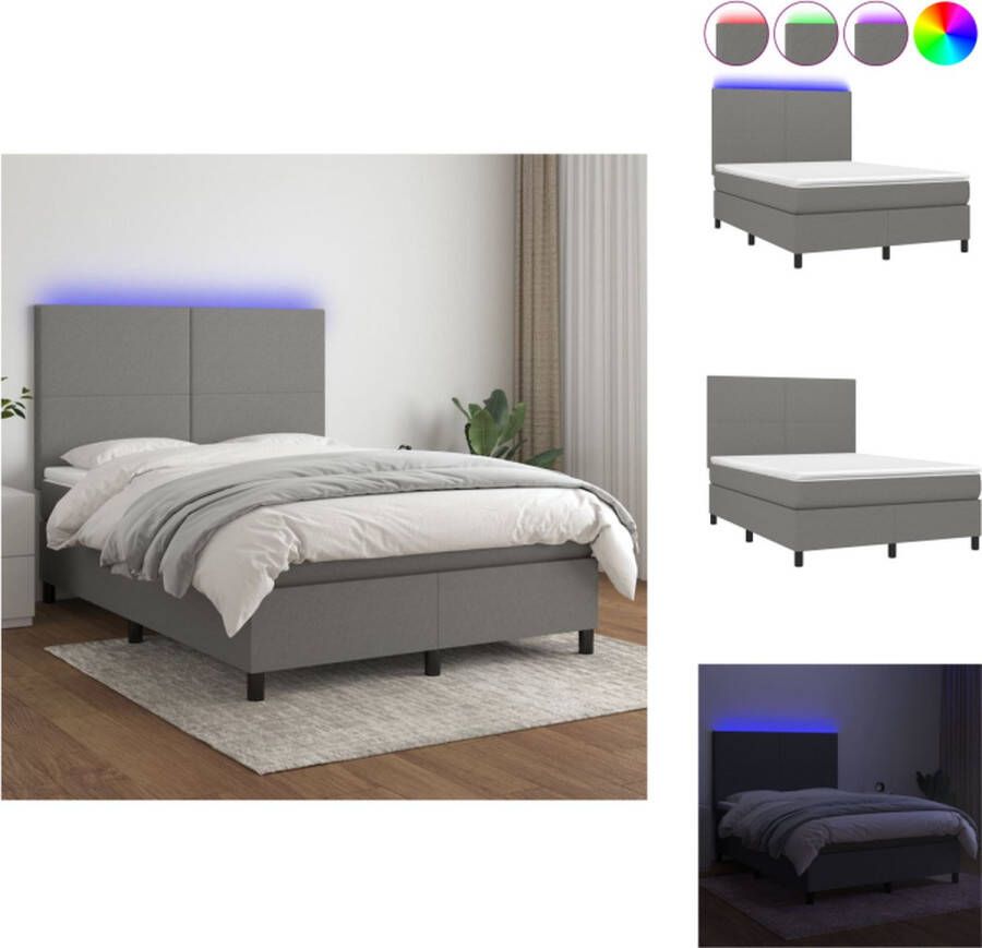 VidaXL Boxspring Bed Donkergrijs 203 x 144 cm Verstelbaar hoofdbord Inclusief matras en topmatras LED-verlichting Pocketvering Huidvriendelijk Bed