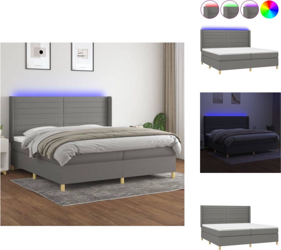 VidaXL Boxspring bed donkergrijs 203 x 203 x 118 128 cm LED verlichting pocketvering matras huidvriendelijk topmatras Bed - Foto 1