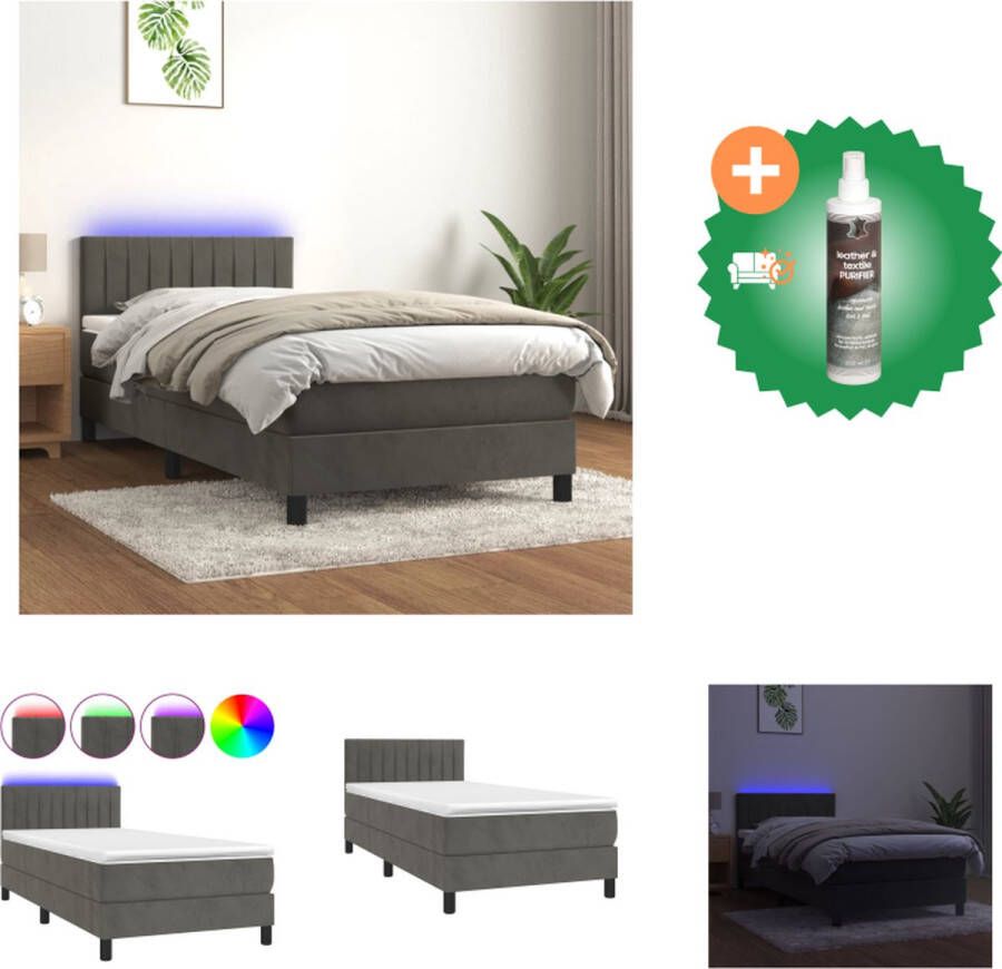 VidaXL Boxspring Bed Donkergrijs Fluweel 193x90x78 88 cm Verstelbaar hoofdbord Kleurrijke LED-verlichting Pocketvering matras Huidvriendelijk topmatras Inclusief montagehandleiding USB-aansluiting Bed Inclusief Reiniger