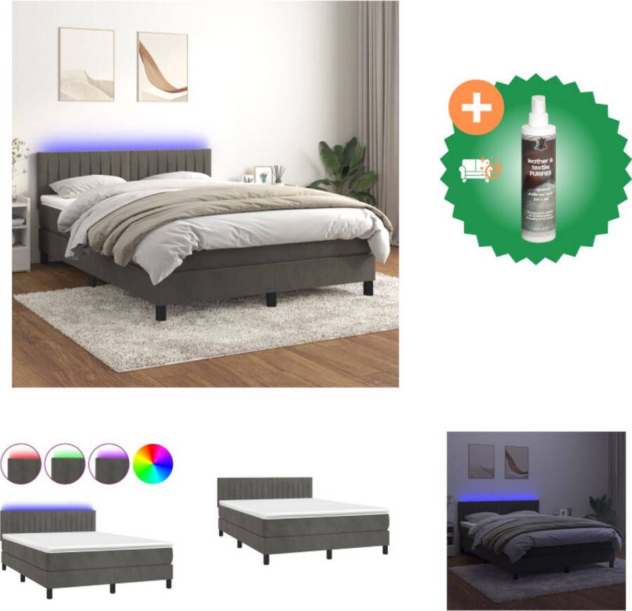 VidaXL Boxspring Bed Donkergrijs Fluweel 203 x 144 x 78 88 cm Verstelbaar hoofdbord LED-verlichting Pocketvering matras Huidvriendelijk topmatras Bed Inclusief Reiniger