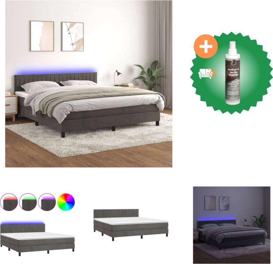 VidaXL Boxspring Bed Donkergrijs Fluweel LED Pocketvering Matras Huidvriendelijk Topmatras Bed Inclusief Reiniger