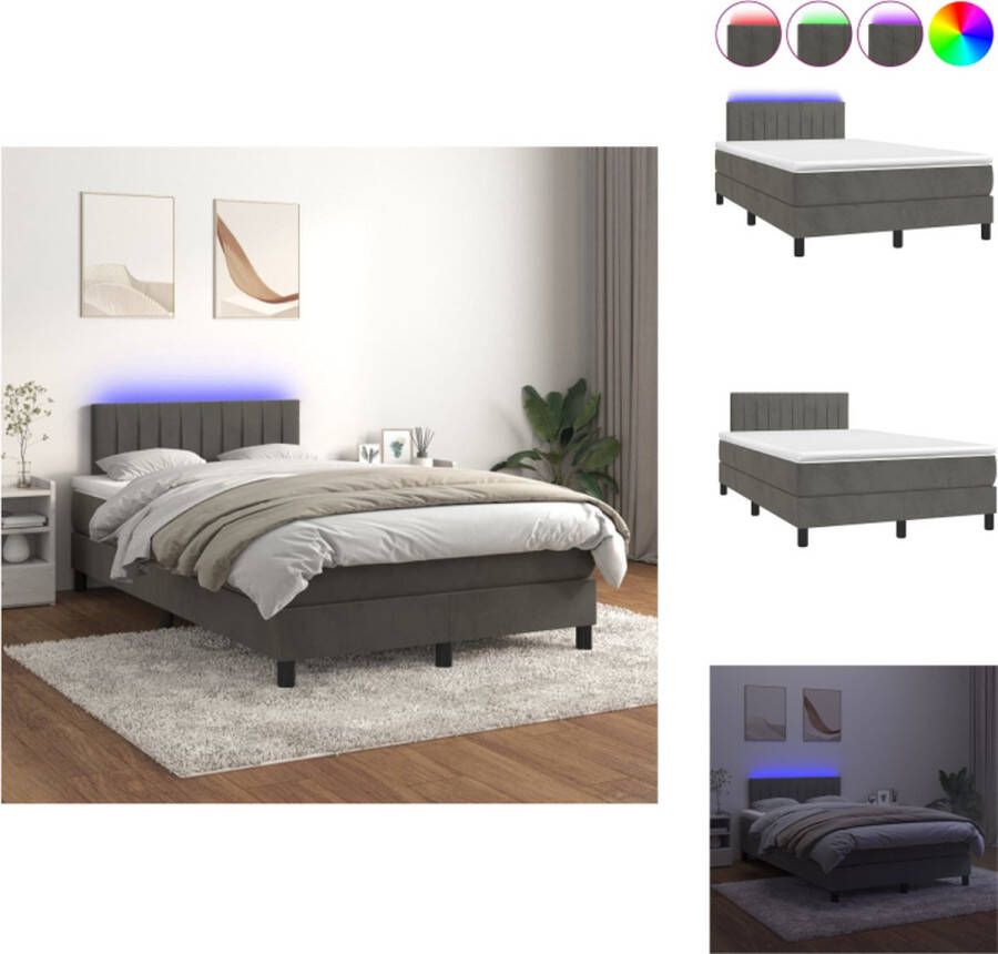 vidaXL Boxspring Bed Donkergrijs fluweel LED-verlichting Pocketvering matras Huidvriendelijk topmatras Bed