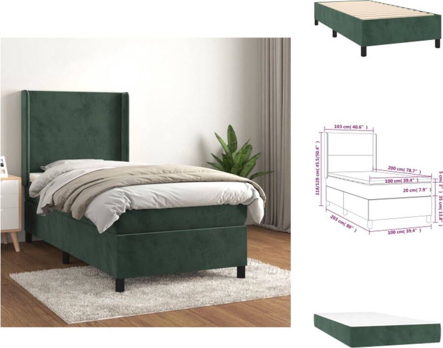 VidaXL Boxspring bed donkergroen fluweel 203 x 103 x 118 128 cm pocketvering matras middelharde ondersteuning huidvriendelijk topmatras Bed