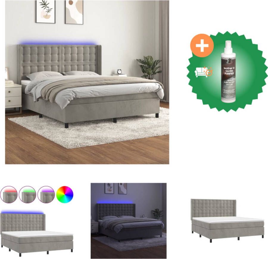 VidaXL Boxspring Bed Fluweel 160x200 Verstelbaar hoofdbord LED Pocketvering matras Huidvriendelijk topmatras Lichtgrijs Bed Inclusief Reiniger