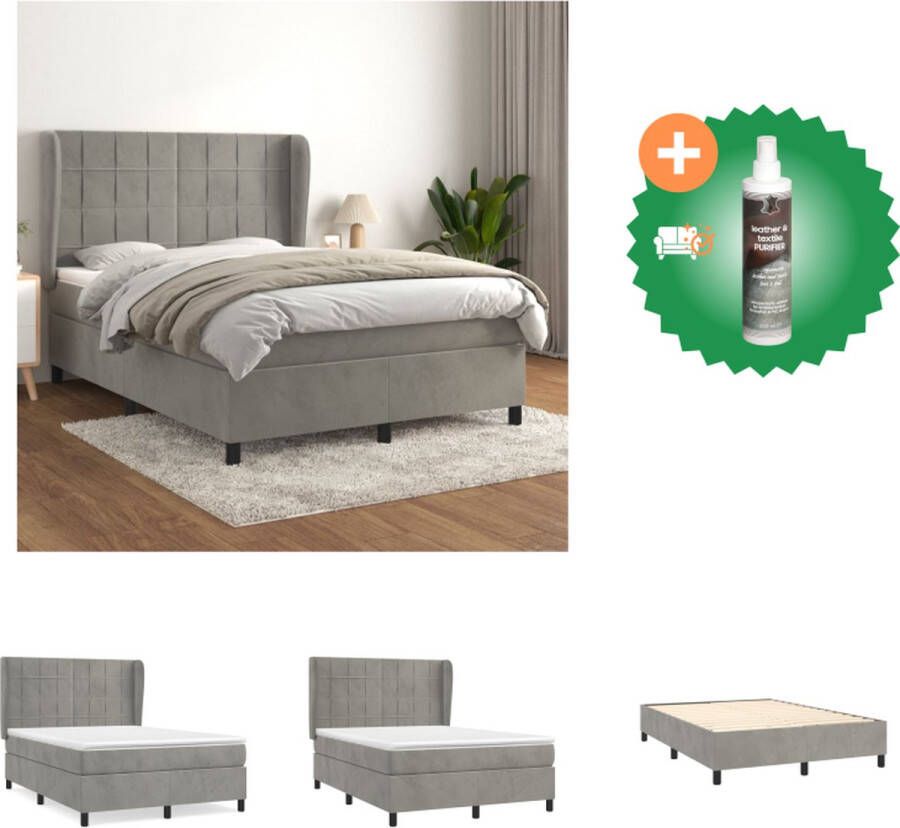 VidaXL Boxspring bed Fluweel 193 x 147 x 118 128 cm Pocketvering matras 140 x 190 x 20 cm Bedtopmatras 140 x 190 x 5 cm Lichtgrijs Wit Hygiënisch Bed Inclusief Reiniger