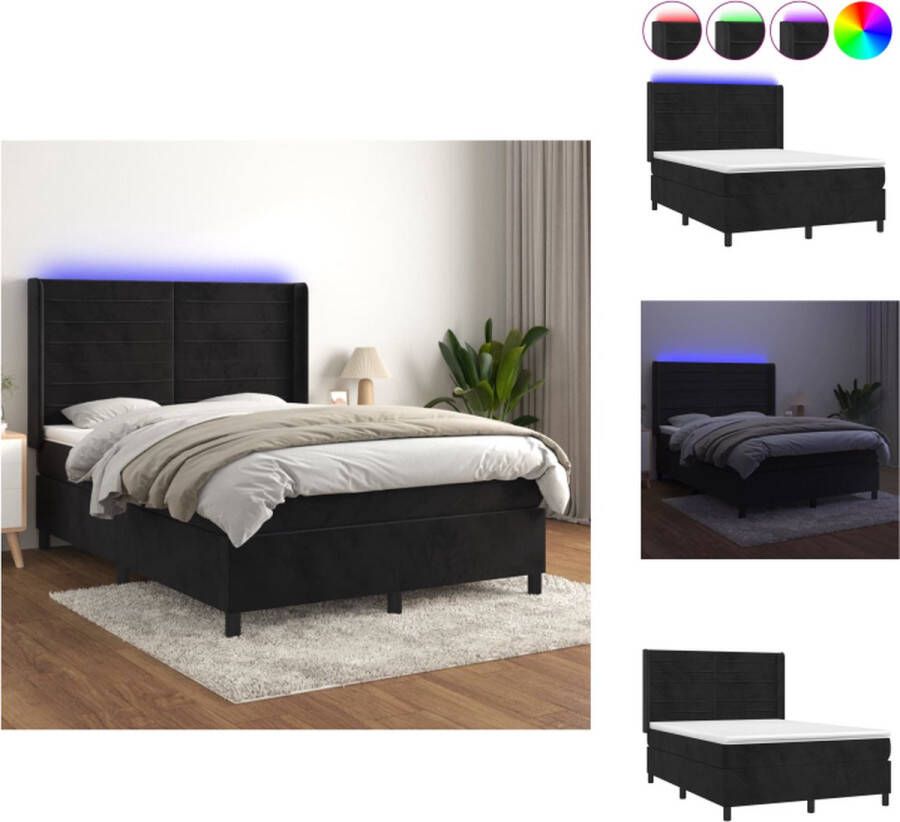 VidaXL Boxspring Bed fluweel 193 x 147 x 118 128 cm verstelbaar hoofdbord LED lighting pocketvering matras huidvriendelijk topmatras zwart Bed