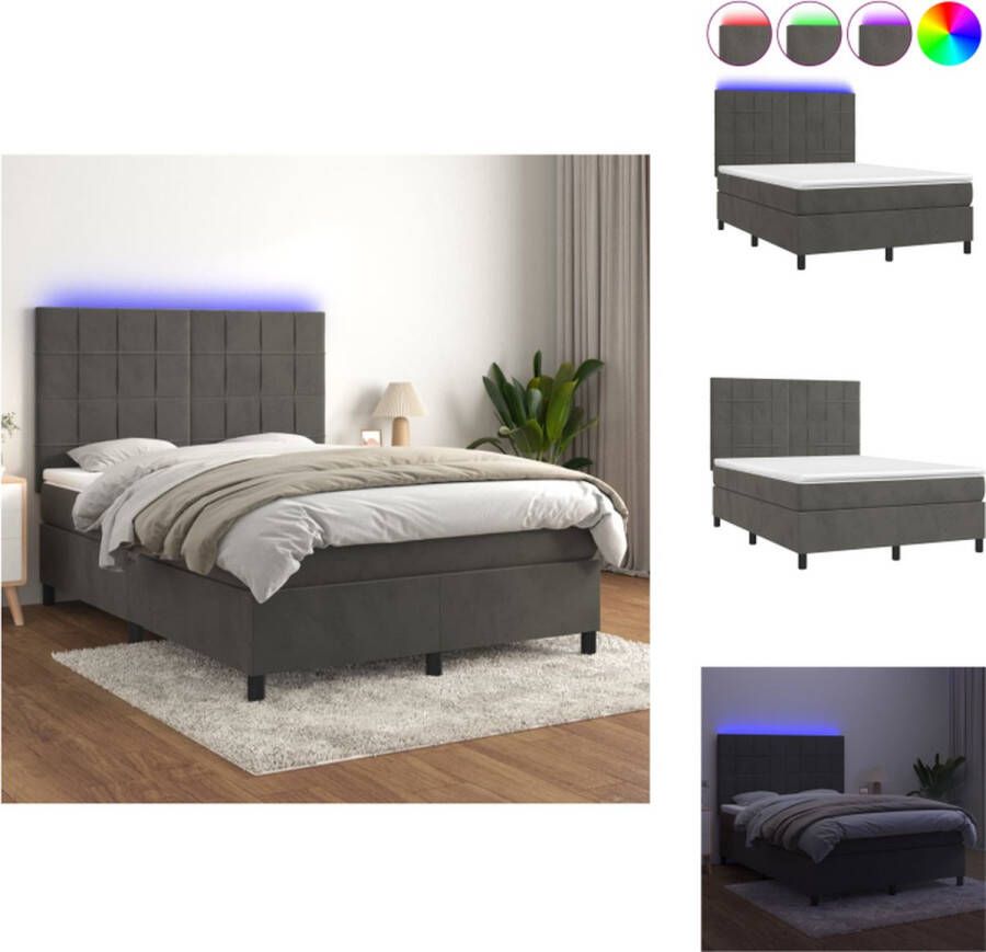VidaXL Boxspring Bed Fluweel 203 x 144 x 118 128 cm LED Pocketvering matras Huidvriendelijk topmatras Kleur- donkergrijs Bed