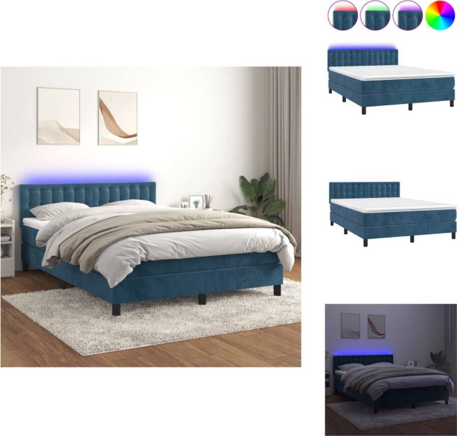VidaXL Boxspring Bed fluweel donkerblauw 203x144x78 88 cm met verstelbaar hoofdbord en LED-verlichting pocketvering matras huidvriendelijk topmatras inclusief montagehandleiding Bed - Foto 1