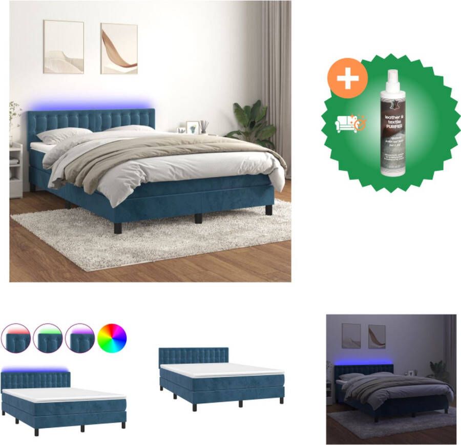 VidaXL Boxspring Bed fluweel donkerblauw 203x144x78 88 cm met verstelbaar hoofdbord en LED-verlichting pocketvering matras huidvriendelijk topmatras inclusief montagehandleiding Bed Inclusief Reiniger