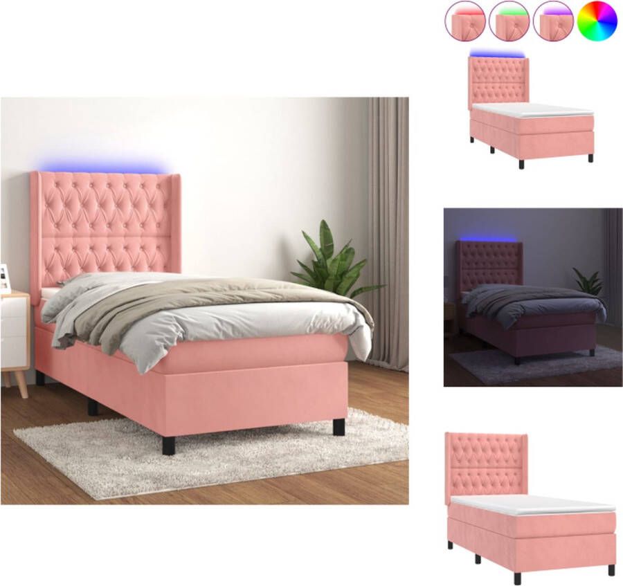 VidaXL Boxspring Bed Fluweel LED Pocketvering 100x200 cm Roze Bed - Foto 1
