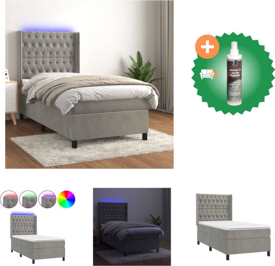 VidaXL Boxspring Bed Fluweel LED Pocketvering Huidvriendelijk 203x103x118 128 cm Lichtgrijs Bed Inclusief Reiniger