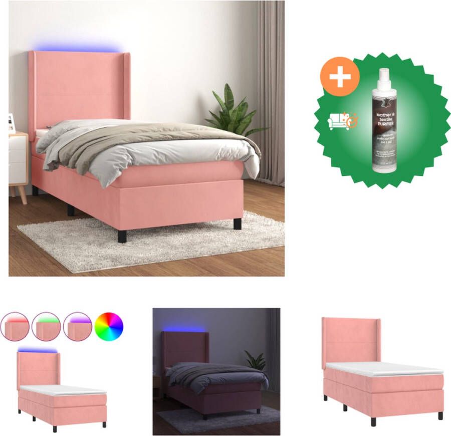 VidaXL Boxspring Bed Fluweel LED Pocketvering Huidvriendelijk Roze 203x93x118 128cm Bed Inclusief Reiniger