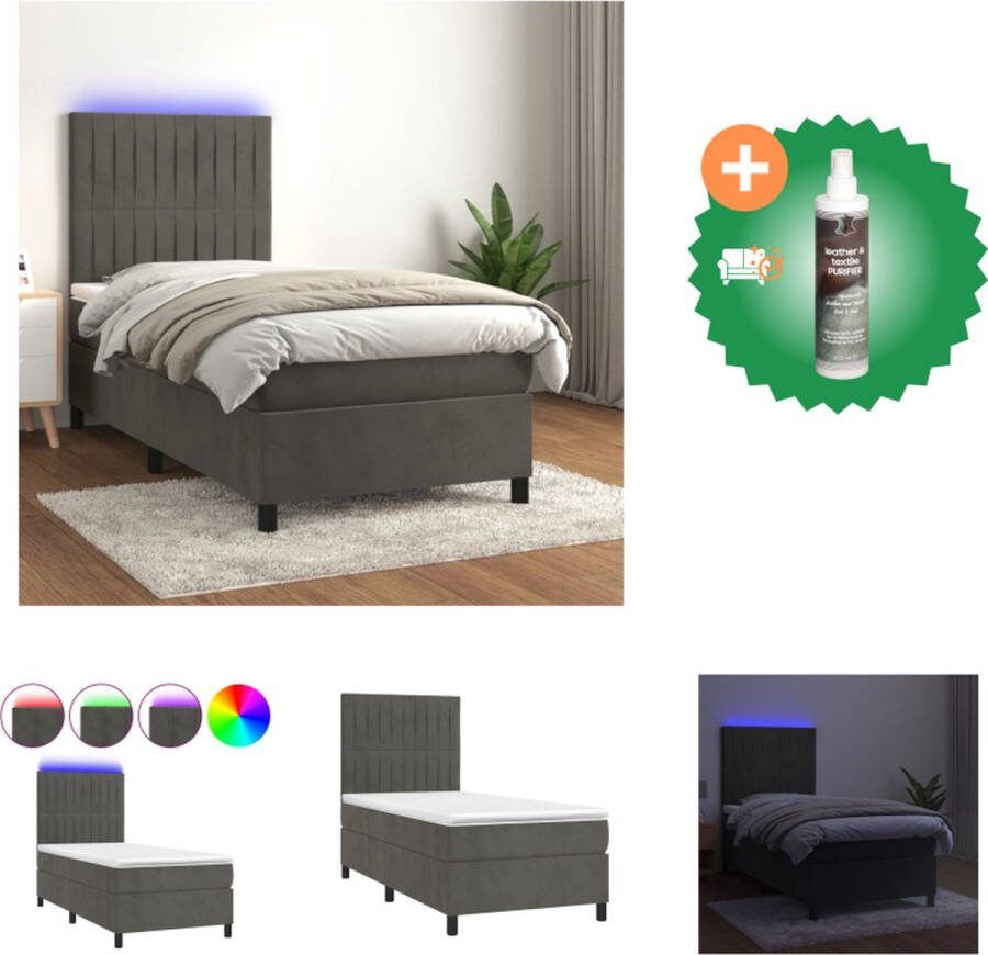 VidaXL Boxspring Bed Fluweel LED Pocketvering Topmatras Donkergrijs 193x90x118 128cm 90x190x20cm 90x190x5cm Bed Inclusief Reiniger