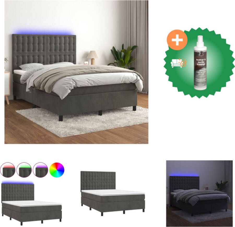 VidaXL Boxspring Bed Fluweel Pocketvering LED 140x190 cm Donkergrijs Bed Inclusief Reiniger