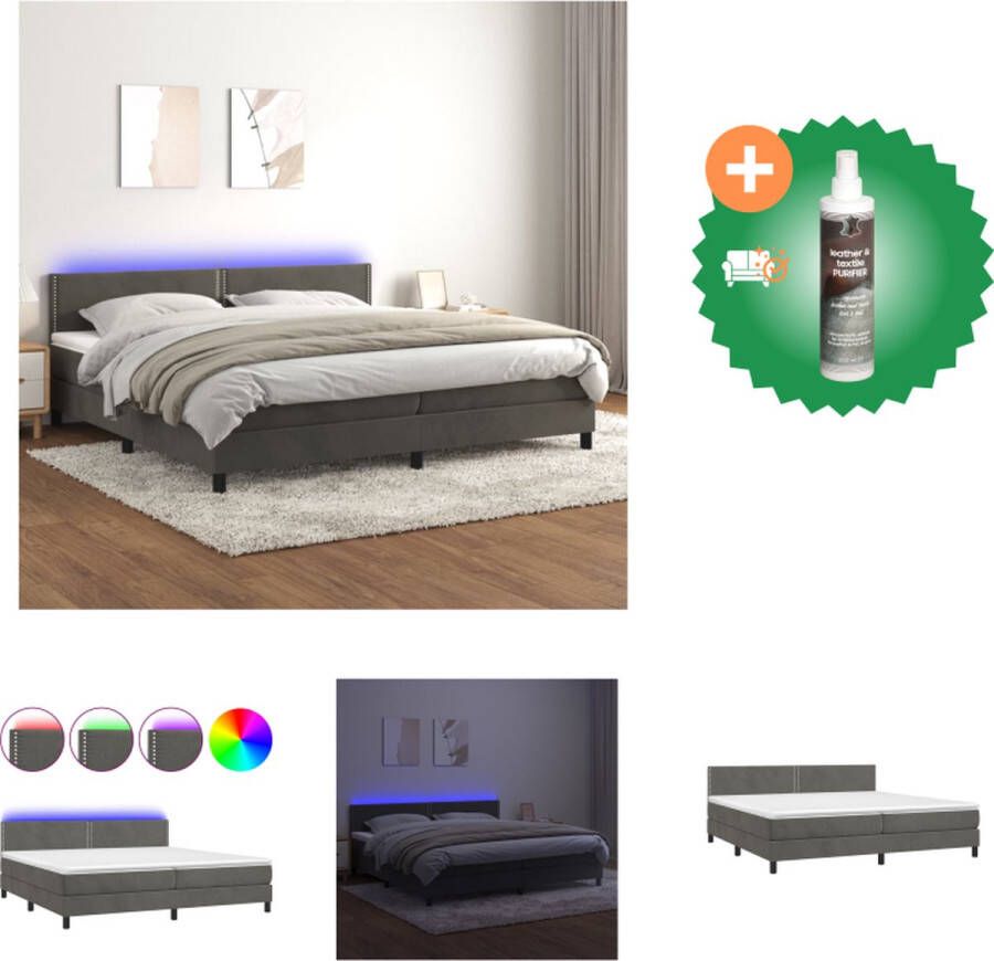 VidaXL Boxspring Bed fluweel pocketvering LED 203x200x78 88 cm donkergrijs +matrassen Bed Inclusief Reiniger