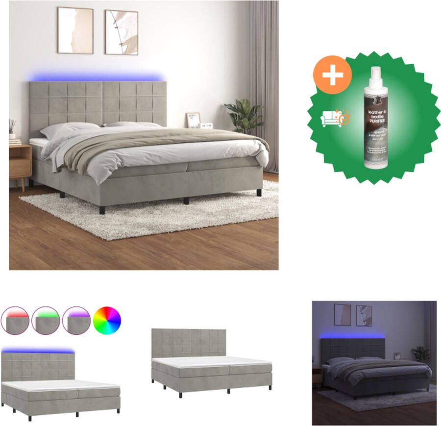 VidaXL Boxspring Bed Fluweel Pocketvering LED Lichtgrijs 203x200x128 cm 2xMatras Topmatras Bed Inclusief Reiniger