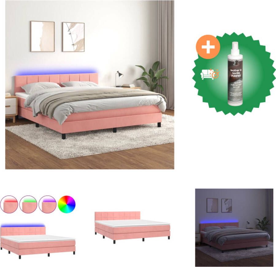 VidaXL Boxspring Bed Fluweel Pocketvering LED-verlichting 203x180 cm Roze Bed Inclusief Reiniger