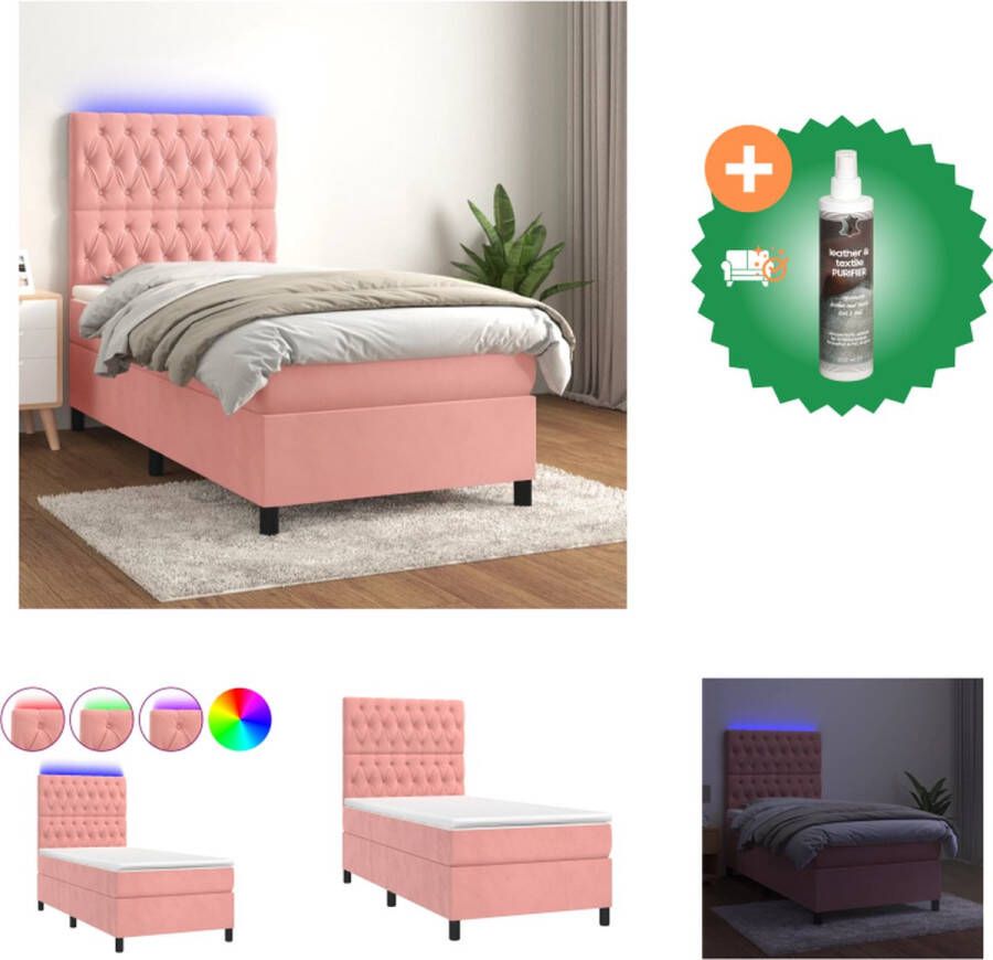 VidaXL Boxspring Bed Fluweel Roze 203 x 100 x 118 128 cm Verstelbaar hoofdbord LED-verlichting Bed Inclusief Reiniger