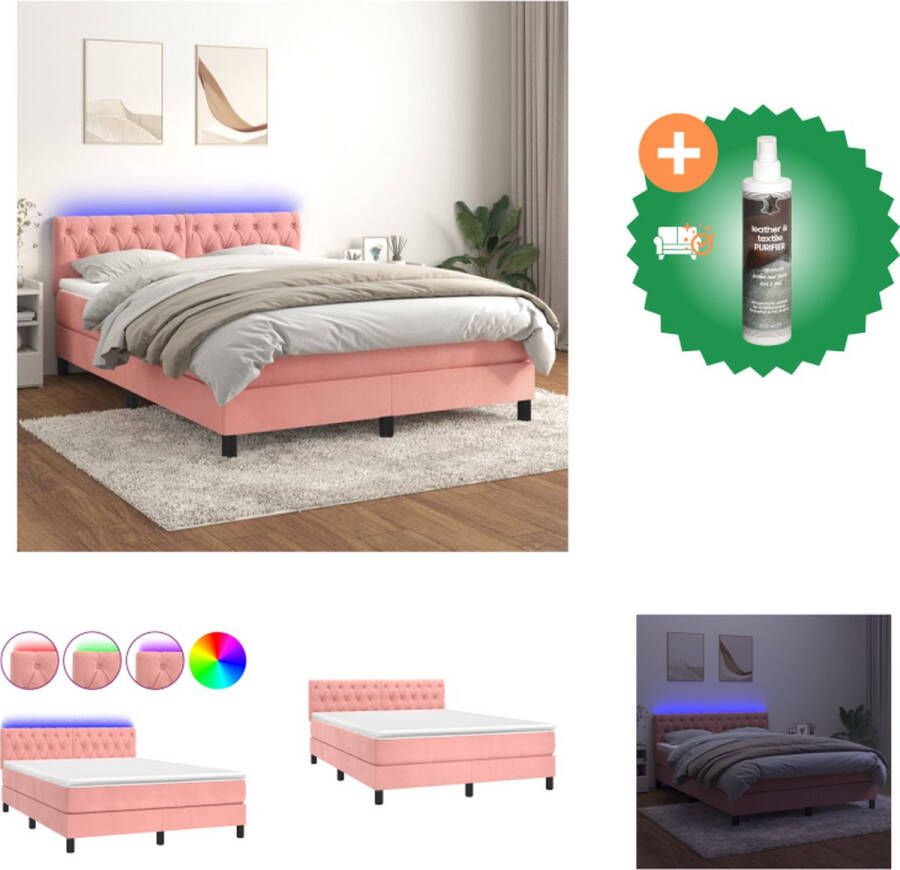 VidaXL Boxspring Bed Fluwelen stof Verstelbaar hoofdbord Kleurrijke LED-verlichting Pocketvering matras Huidvriendelijk topmatras 193 x 144 cm Roze Bed Inclusief Reiniger