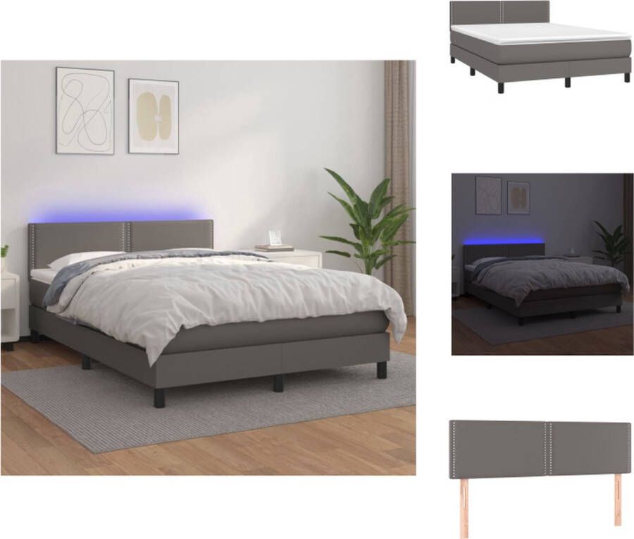 VidaXL Boxspring Bed Grijs Kunstleer 193 x 144 cm Inclusief Matras en LED Bed