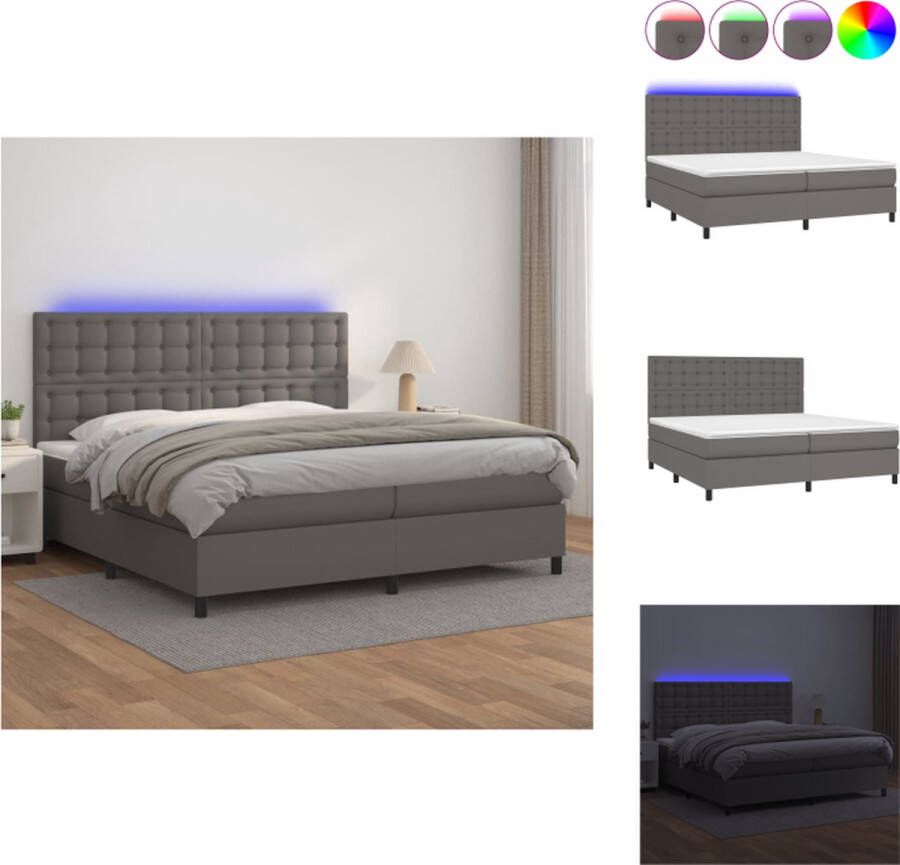 VidaXL Boxspring Bed Kunstleer 203 x 200 x 118 128 cm Grijs Pocketvering Matras LED-verlichting Bed