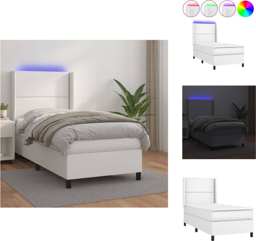VidaXL Boxspring Bed Kunstleer LED Pocketvering Matras Huidvriendelijk Topmatras Wit 203 x 83 x 118 128 cm Bed