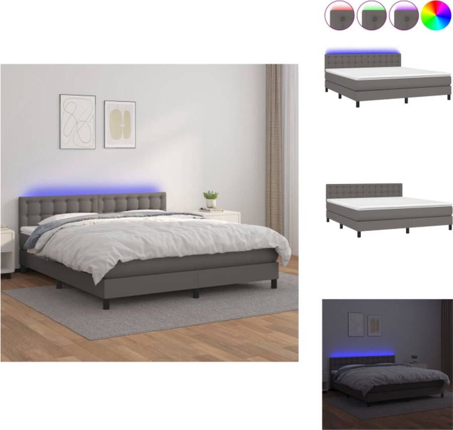 VidaXL Boxspring Bed Kunstleer LED Pocketvering Topmatras Grijs 160 x 200 cm Bed - Foto 1