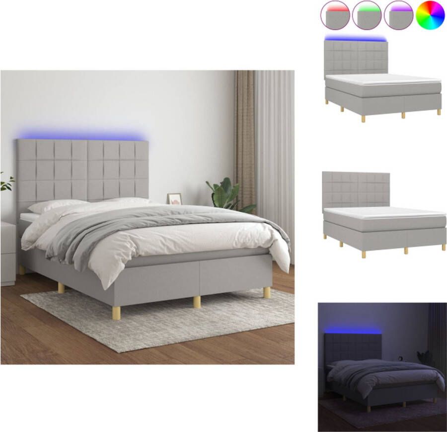 VidaXL Boxspring Bed LED 140 x 190 cm Lichtgrijs Pocketvering Bed - Foto 1