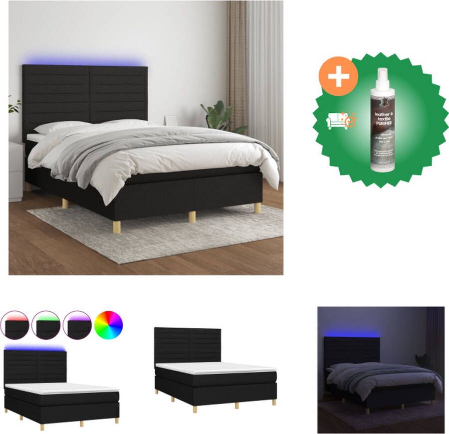 VidaXL Boxspring Bed LED 140 x 200 cm Zwart Bed Inclusief Reiniger