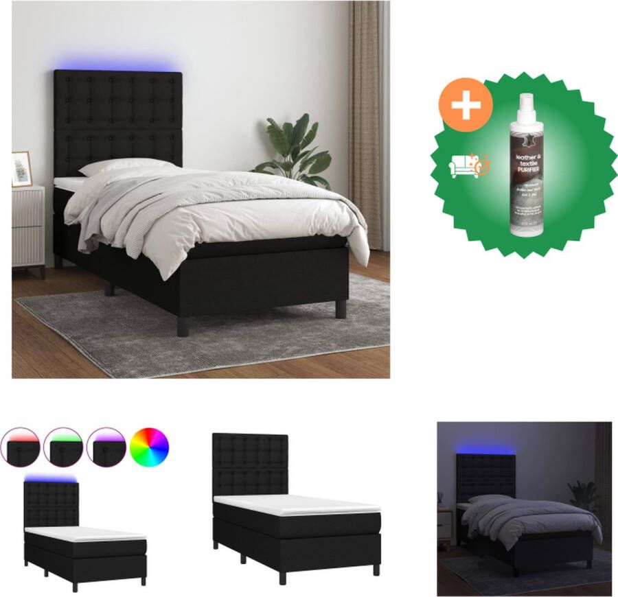 VidaXL Boxspring Bed LED 193 x 90 x 118 128 cm Zwart en Wit Pocketvering Matras Huidvriendelijk Topmatras Inclusief LED-strip Bed Inclusief Reiniger