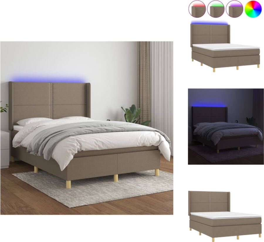 VidaXL Boxspring Bed LED 203 x 147 x 118 128 cm Taupe Pocketvering Matras Huidvriendelijk Topmatras Inclusief LED-strips Bed