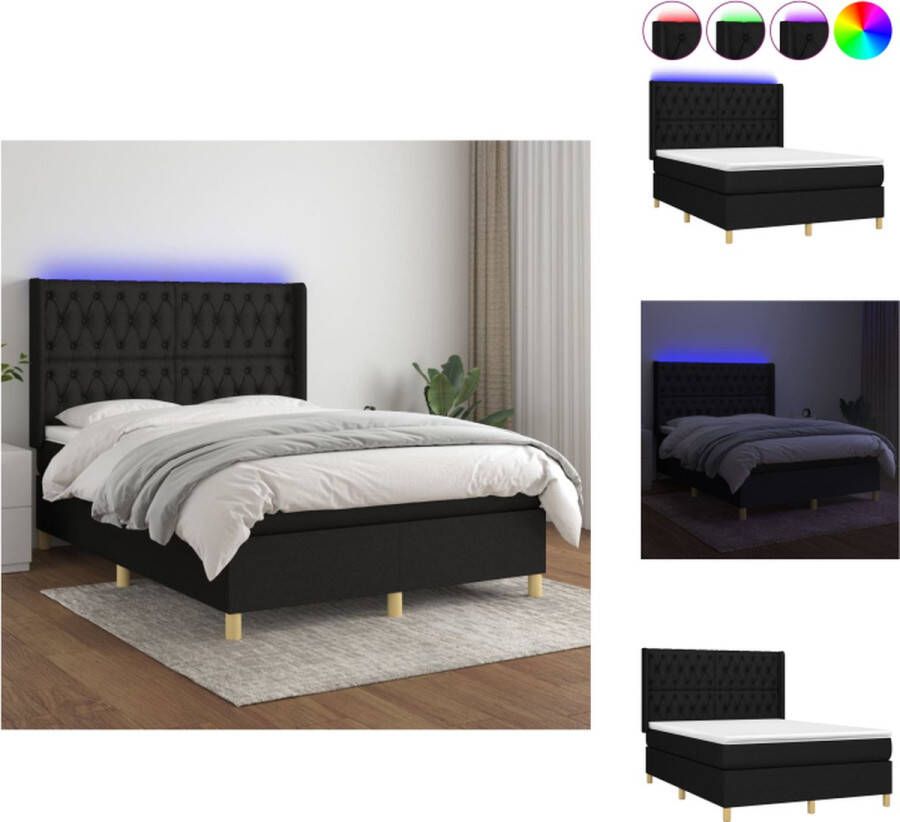 VidaXL Boxspring Bed LED 203 x 147 x 118 128 cm Zwart 100% polyester Pocketvering matras 140 x 200 x 20 cm Schuim topmatras 140 x 200 x 5 cm Inclusief 2 LED-strips Bed