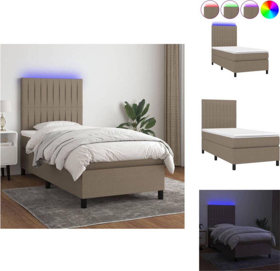 VidaXL Boxspring Bed LED 203 x 80 x 118 128 cm Taupe 100% polyester Pocketvering matras 80 x 200 x 20 cm Wit Taupe Schuim topmatras 80 x 200 x 5 cm LED-strip 55 cm USB Bed