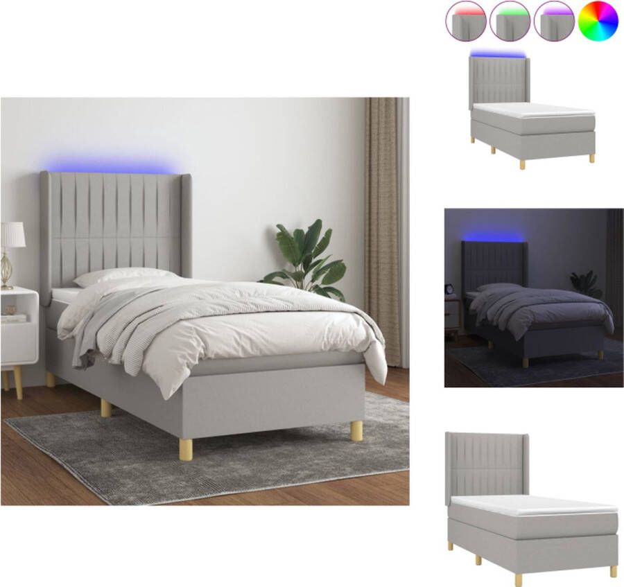 VidaXL Boxspring Bed LED 90x190 cm Lichtgrijs Pocketvering Matras Huidvriendelijk Topmatras Bed